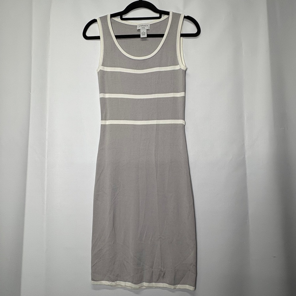 Carmen Marc Valvo Gray Sleeveless Knit Dress White Striped Trim Small No Belt